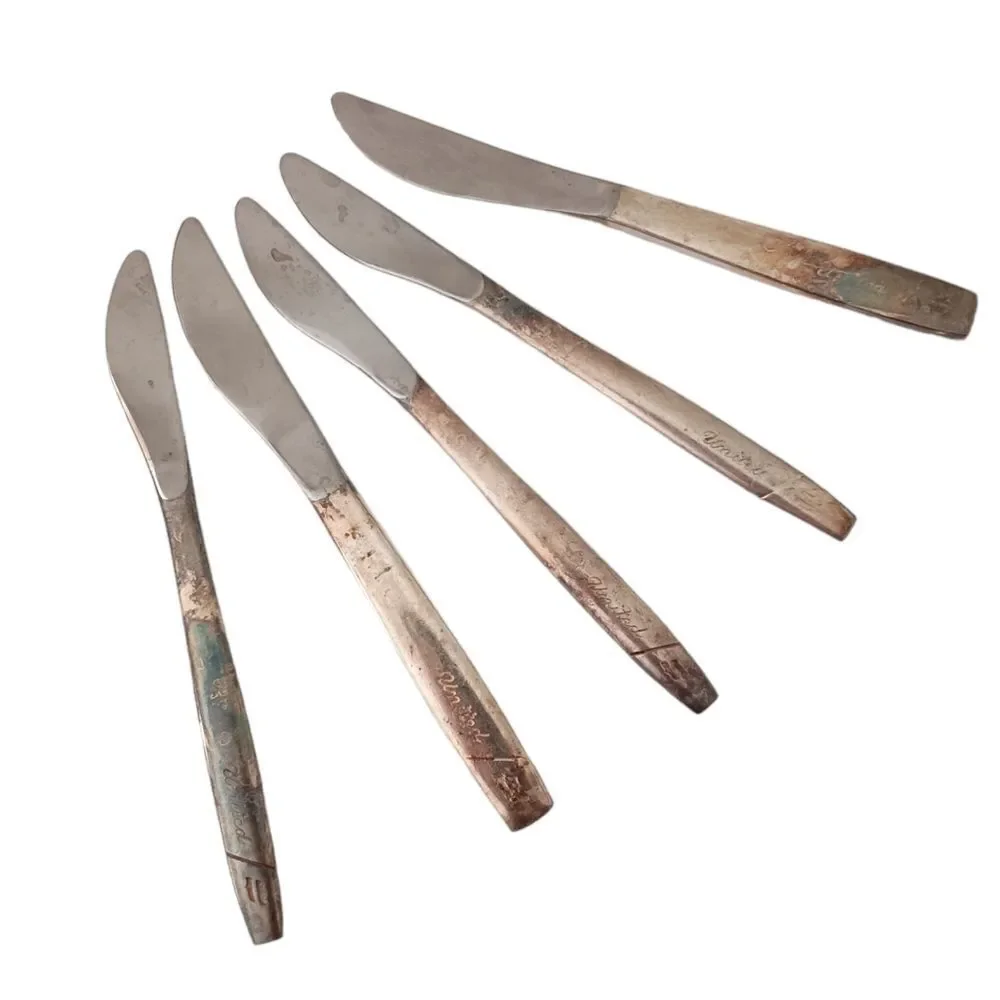 Vintage United‎ Airlines Knives Knife Lot x 5 Silver Plate Flatware Silverware.
